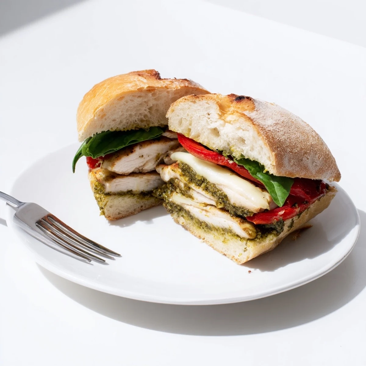 Warm chicken pesto sandwich recipe layered with tomato, arugula, and gooey cheese