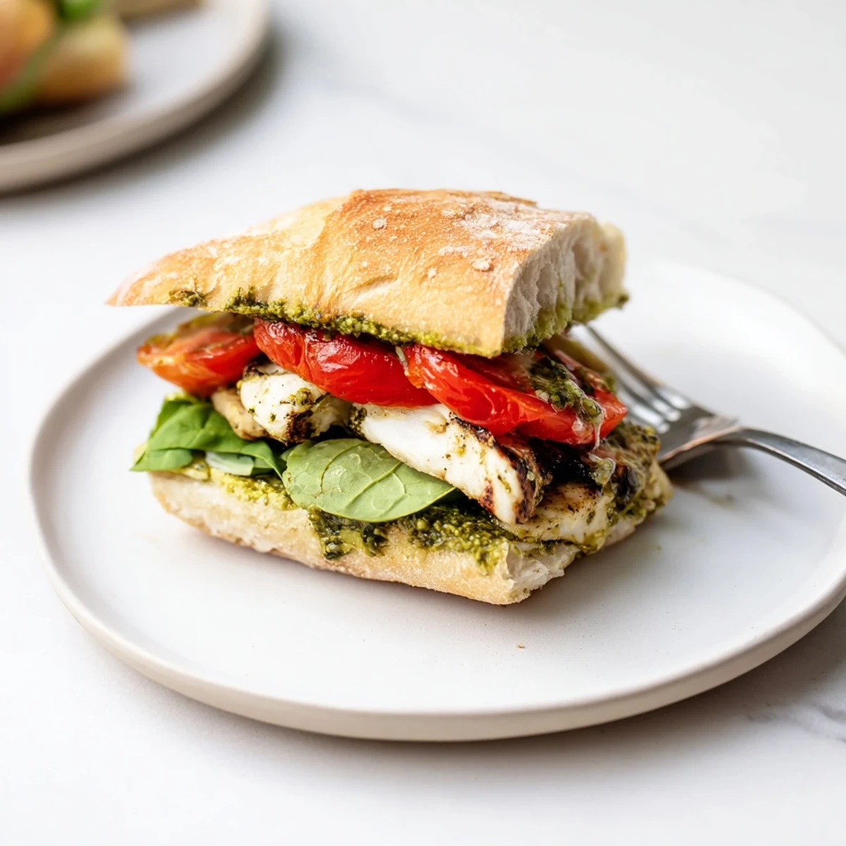 Golden chicken pesto sandwich served open-faced with fresh basil and sliced tomato