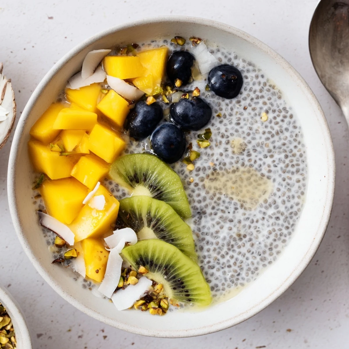 Silky Coconut Chia Pudding spoon-ready in glass jars with fresh berries