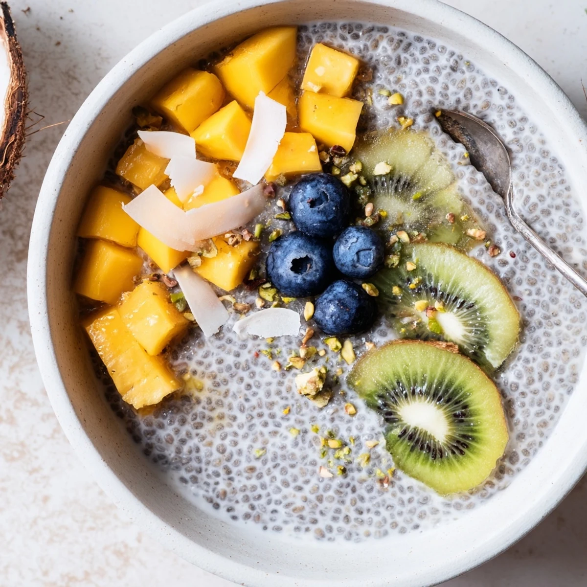 Coconut Chia Pudding topped with mango and toasted coconut flakes, chilled