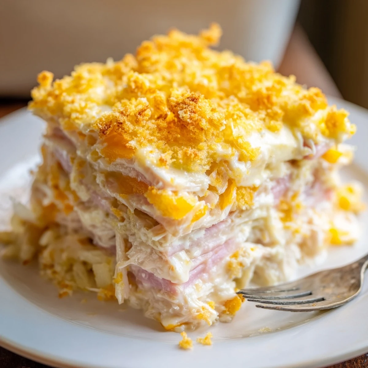 Golden, bubbling Chicken Cordon Bleu Casserole with melted Swiss and crispy Parmesan