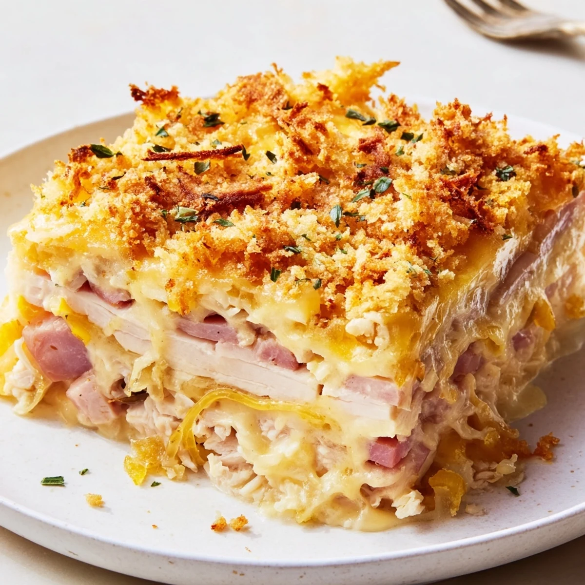 Creamy Dijon scented Chicken Cordon Bleu Casserole resting in a warm baking dish