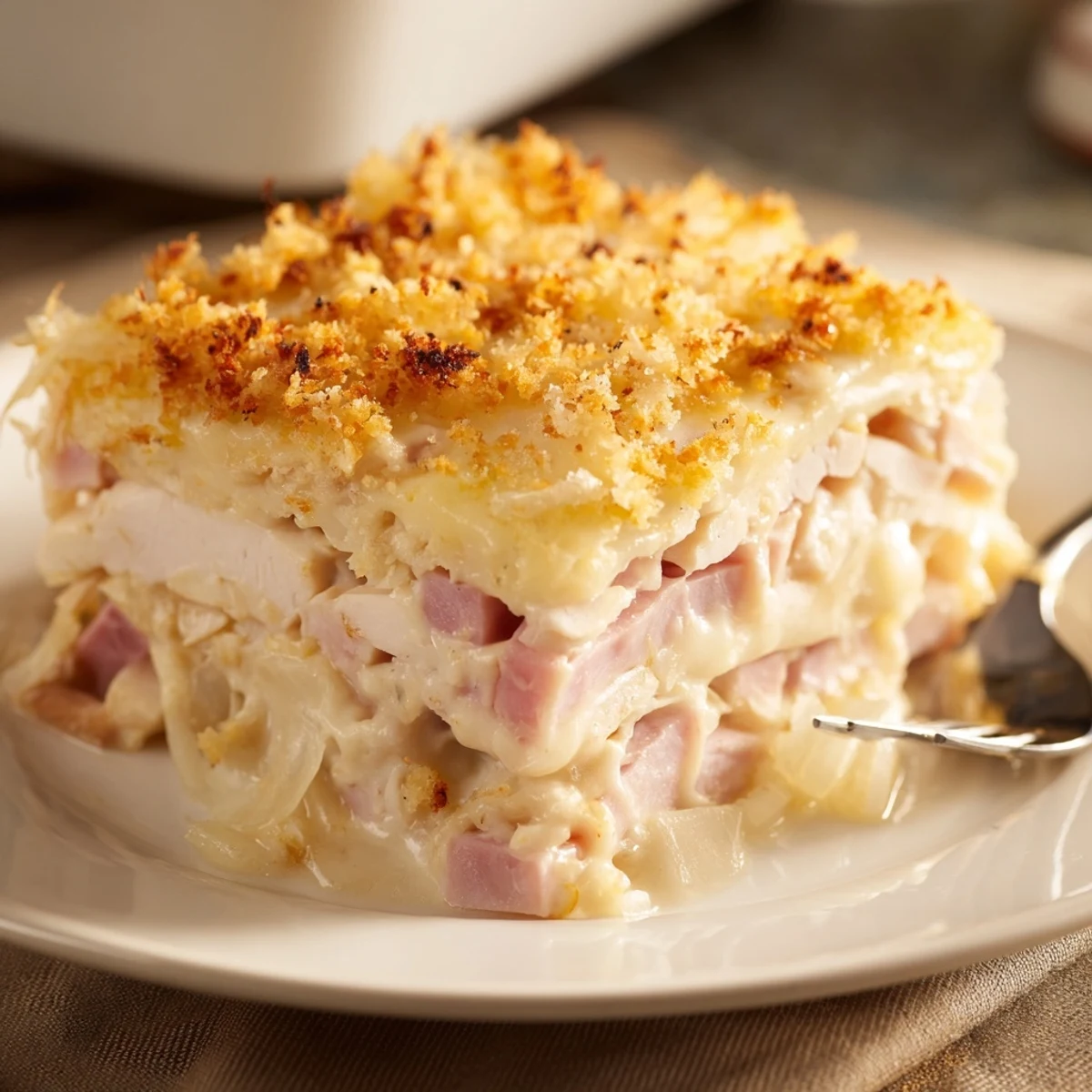Sliced serving of Chicken Cordon Bleu Casserole showing tender chicken and ham