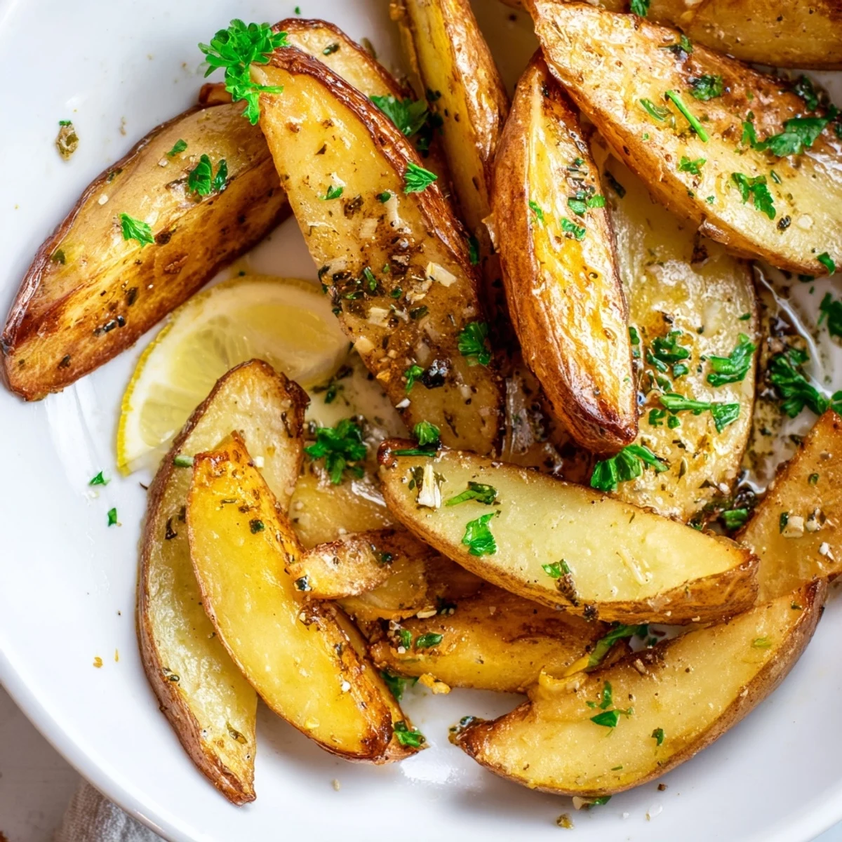 Authentic Greek Lemon Potatoes roasted golden with garlic, bright lemony pan juices