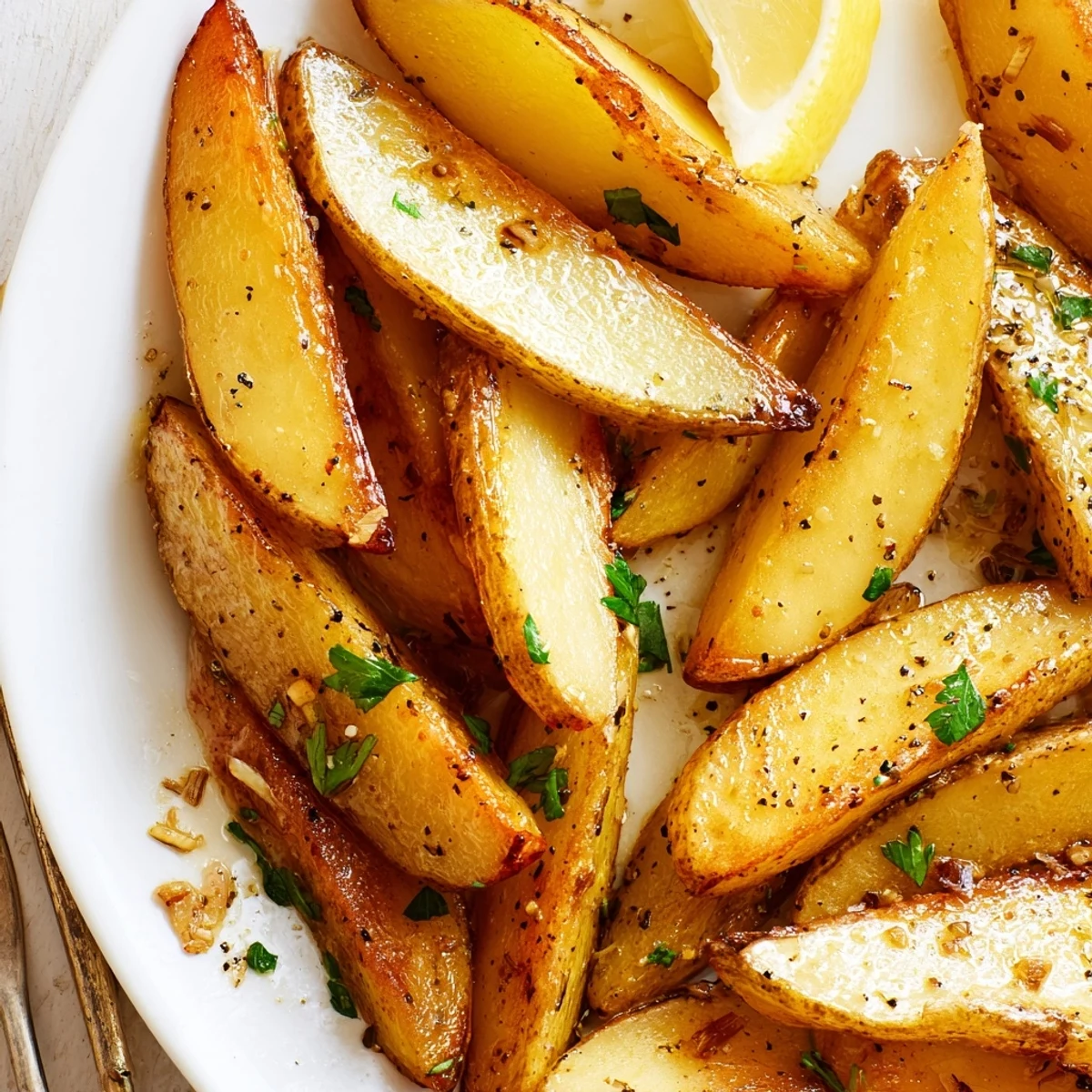 Oven-browned Authentic Greek Lemon Potatoes served hot with parsley and lemon wedges