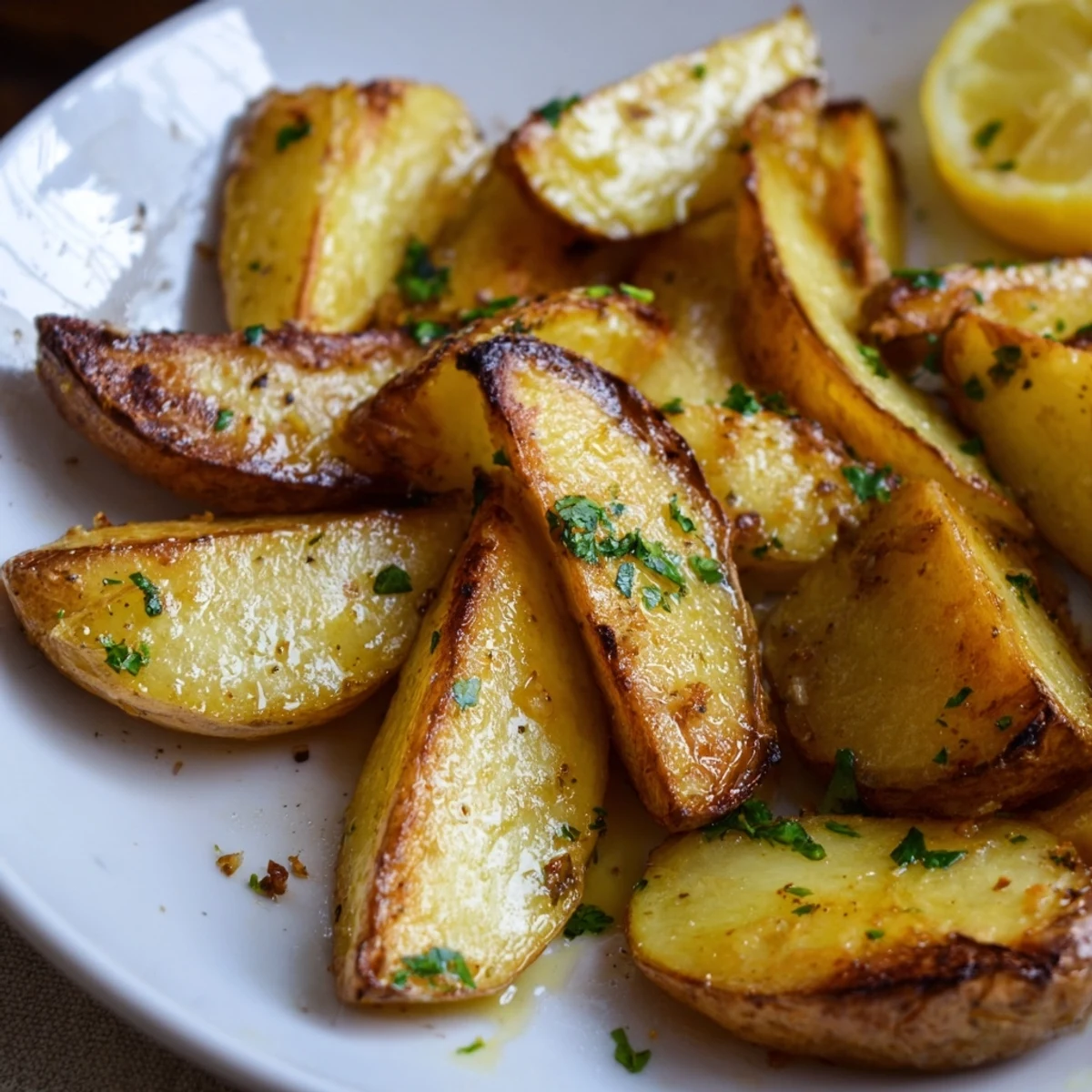 Close-up of Authentic Greek Lemon Potatoes recipe, crispy edges, tender fluffy centers
