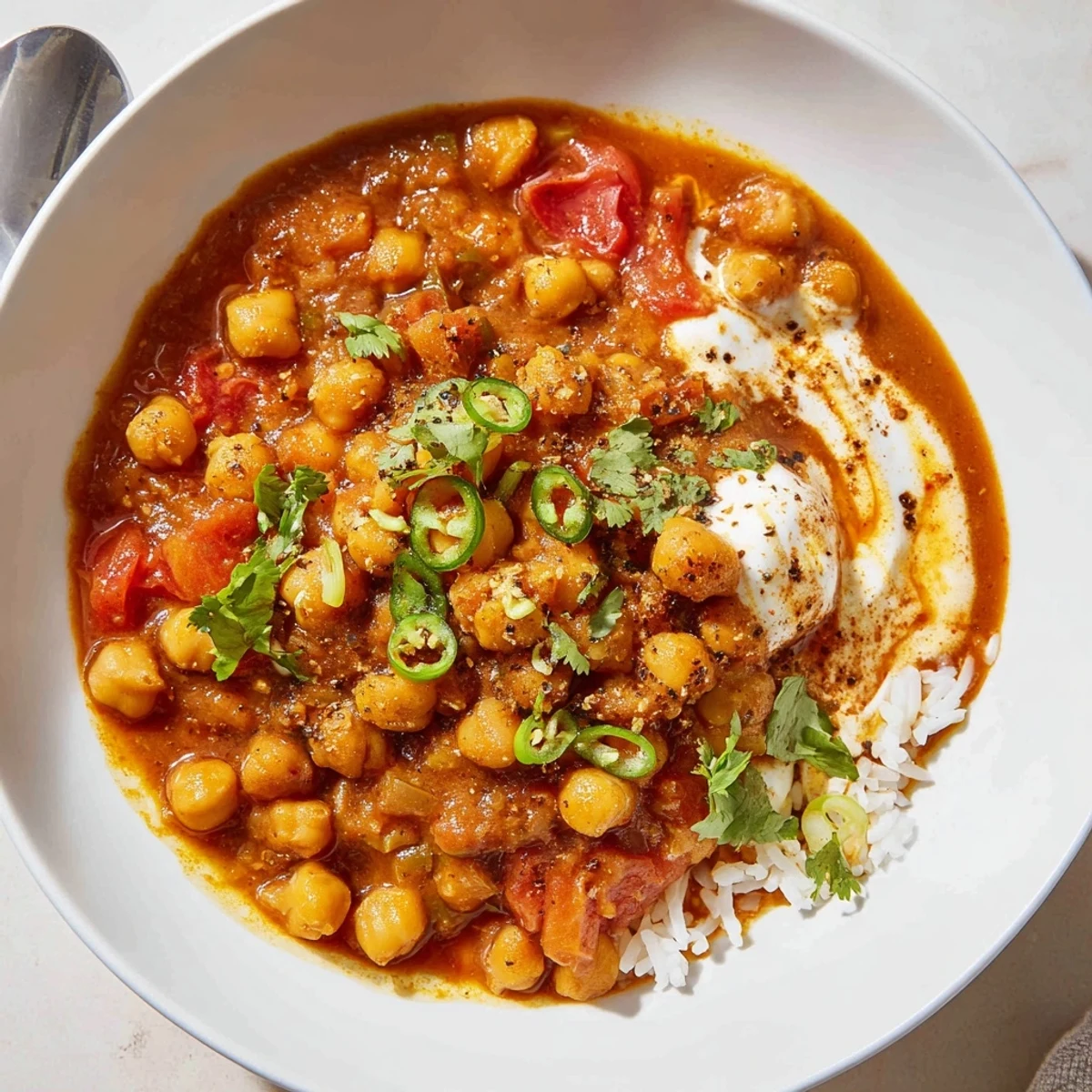 Creamy Greek Yogurt Chickpea Curry simmered with spices, served over fluffy basmati rice