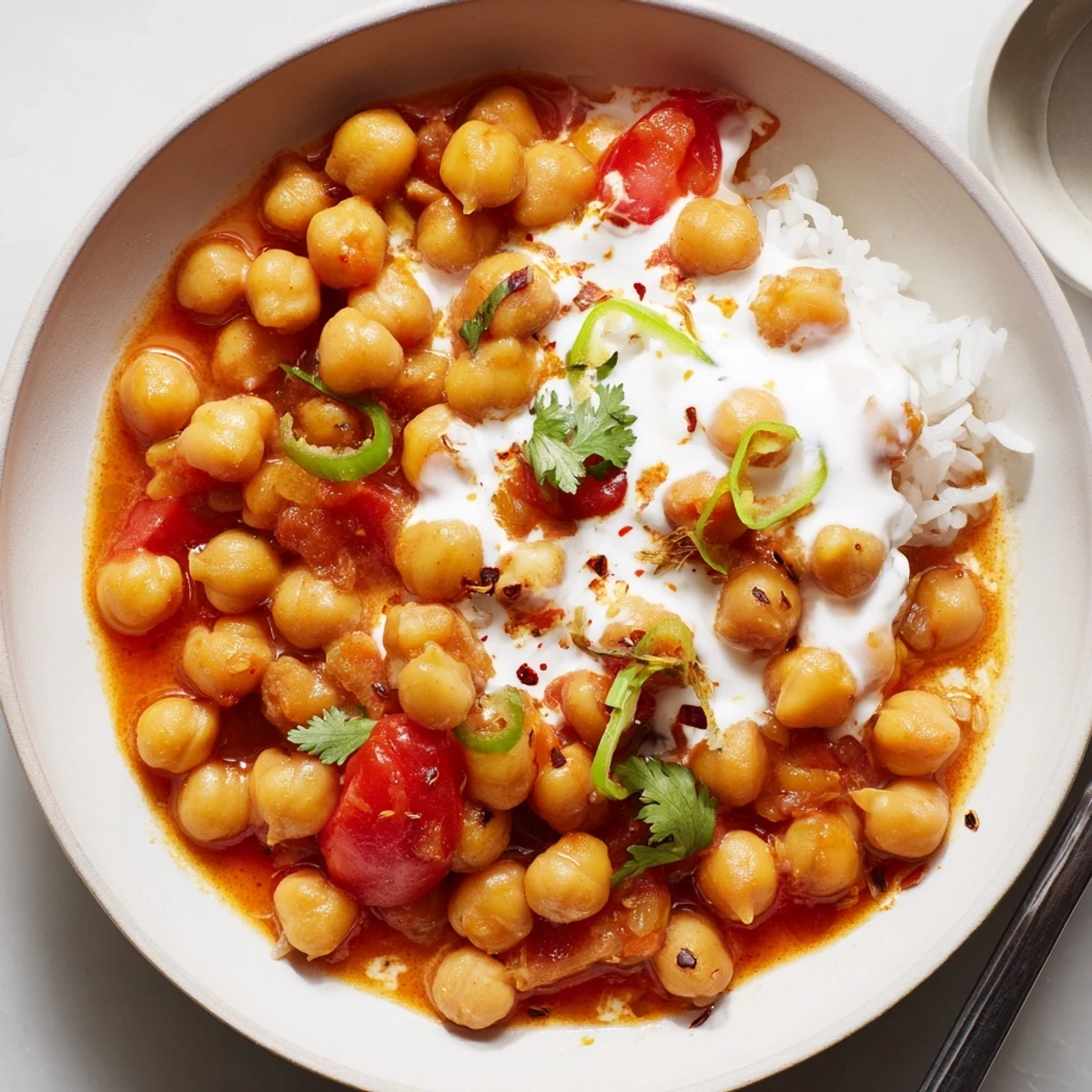 Fragrant Greek Yogurt Chickpea Curry in skillet, tender chickpeas and tomato sauce