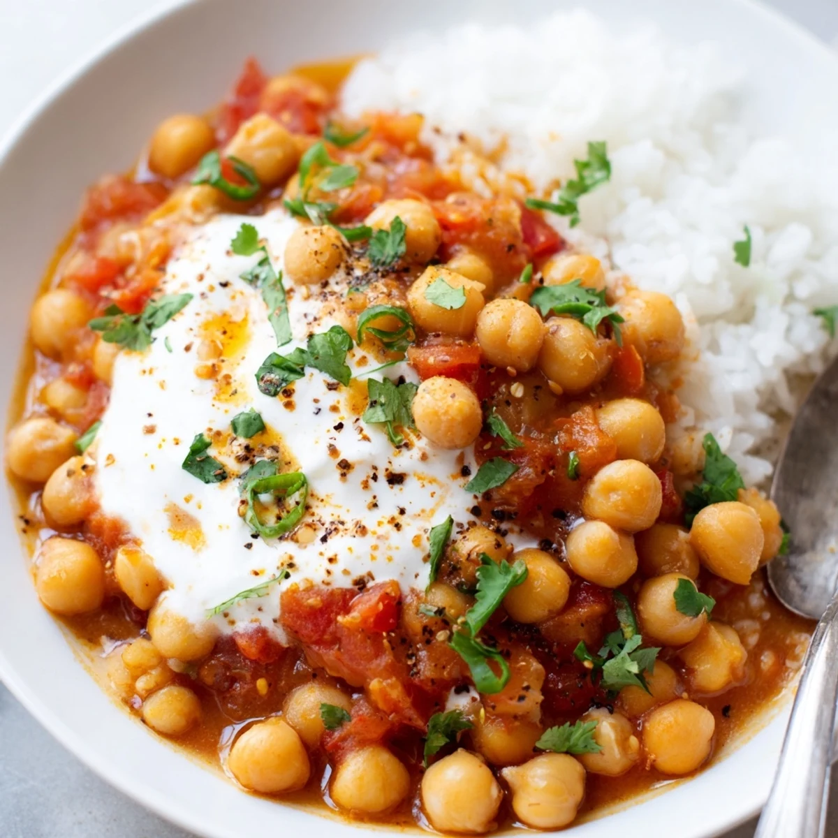 Tangy Greek Yogurt Chickpea Curry topped with cilantro, ready to serve hot