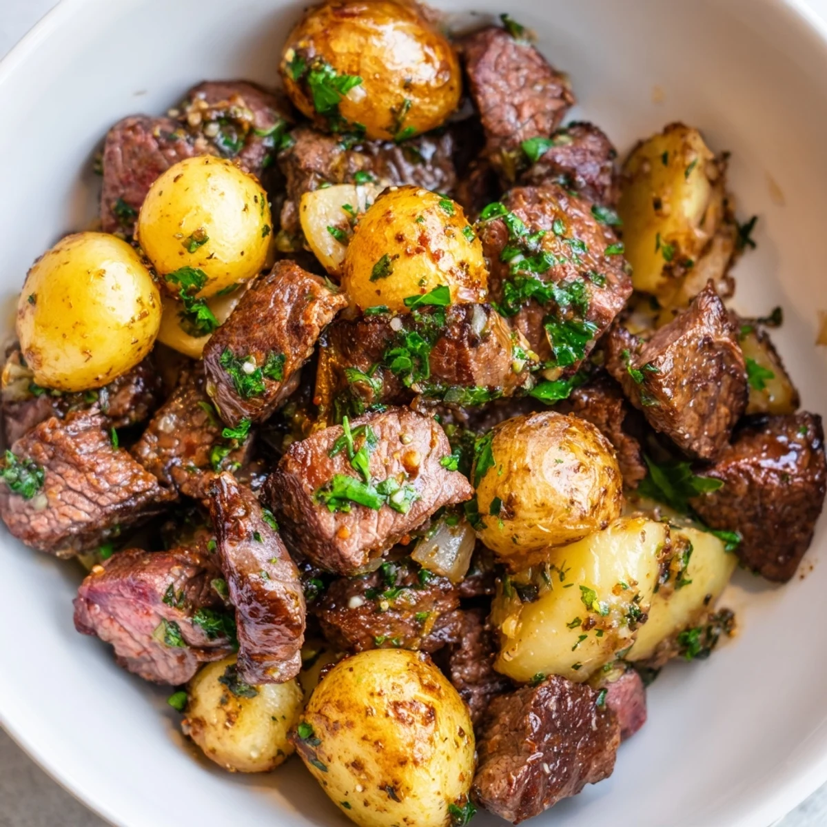 Garlic Steak Bites and Potatoes Recipe: tender steak, golden potatoes in garlic butter