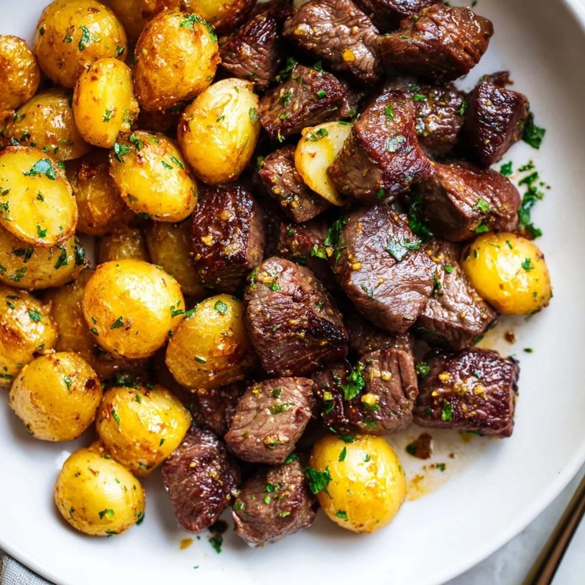 Family-style Garlic Steak Bites and Potatoes Recipe served hot from skillet, crisp edges