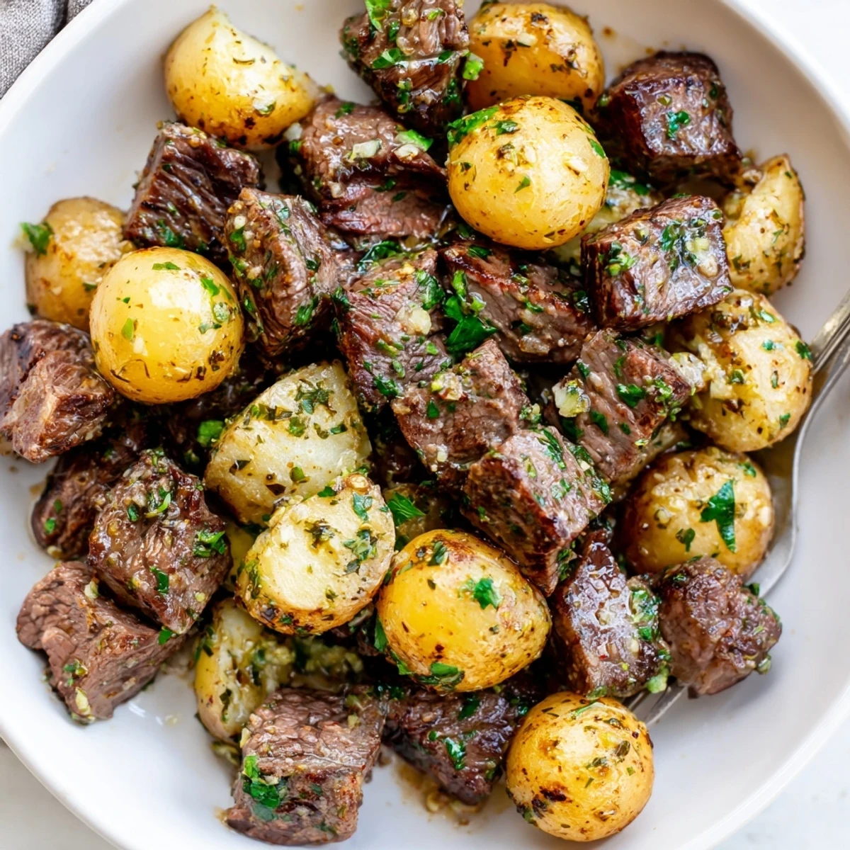 Pan-seared Garlic Steak Bites and Potatoes Recipe finished with parsley, lemon squeeze