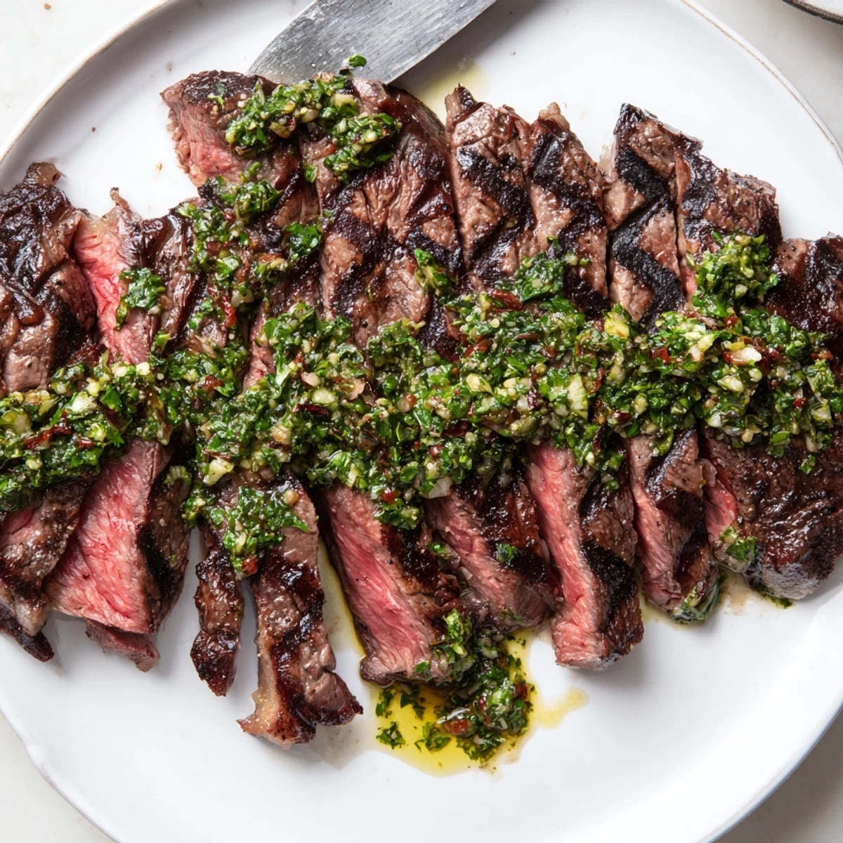 Chimichurri Steak Recipe: sliced grilled ribeye topped with bright herb sauce