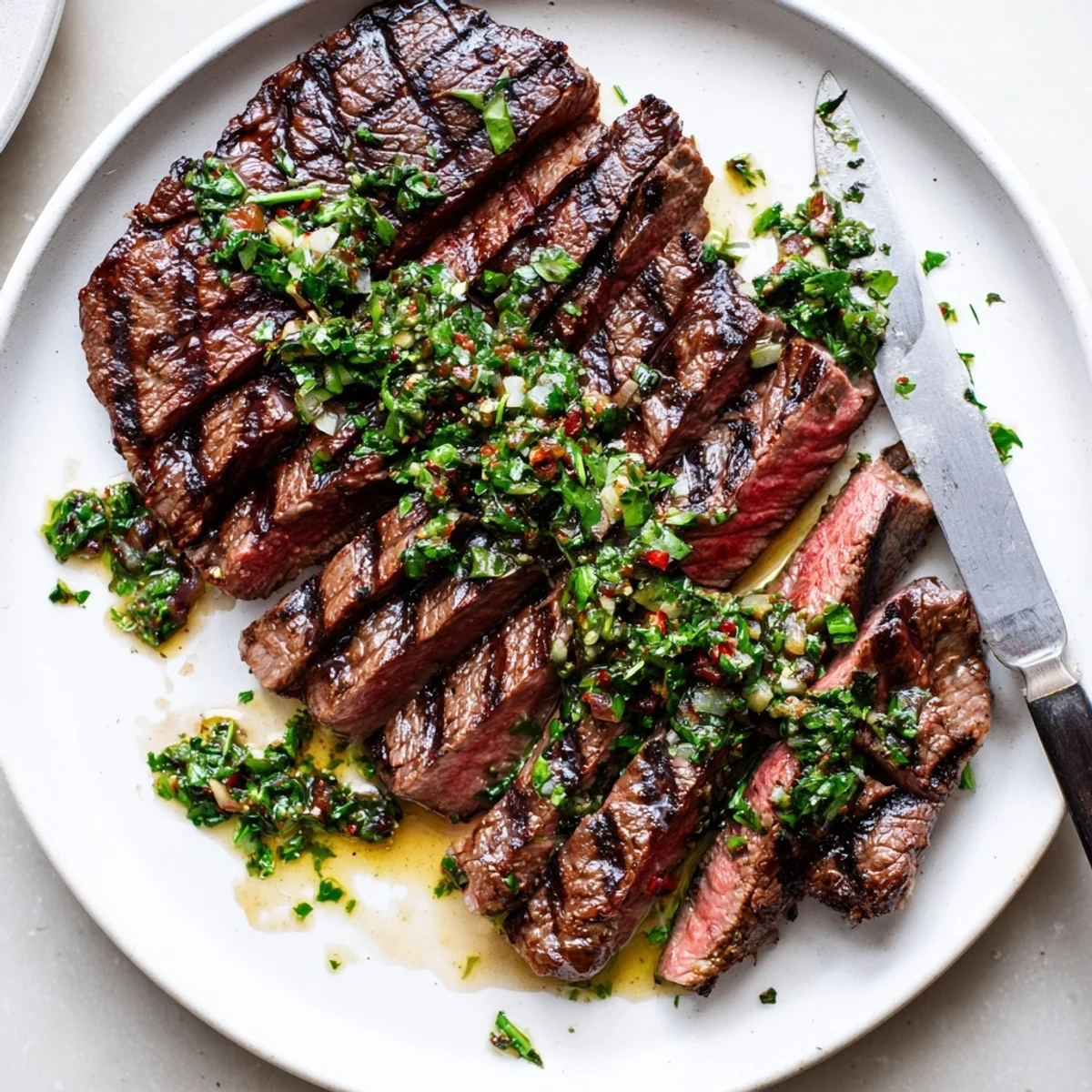 Grilled Chimichurri Steak Recipe served on platter, juicy slices, zesty aroma