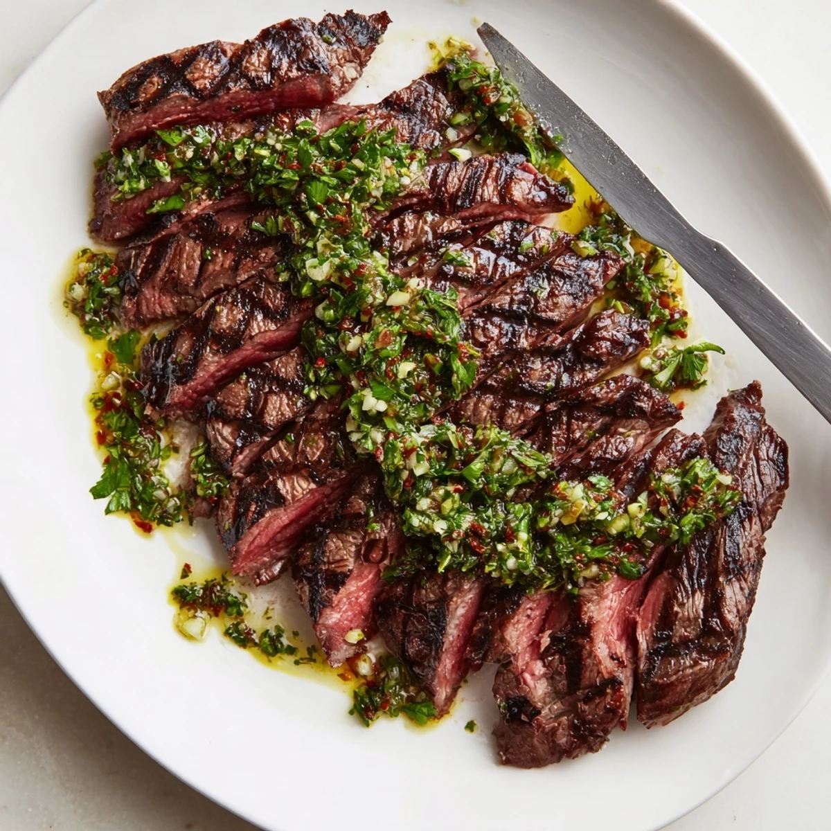 Cast-iron seared Chimichurri Steak Recipe with vibrant green sauce, lemony tang