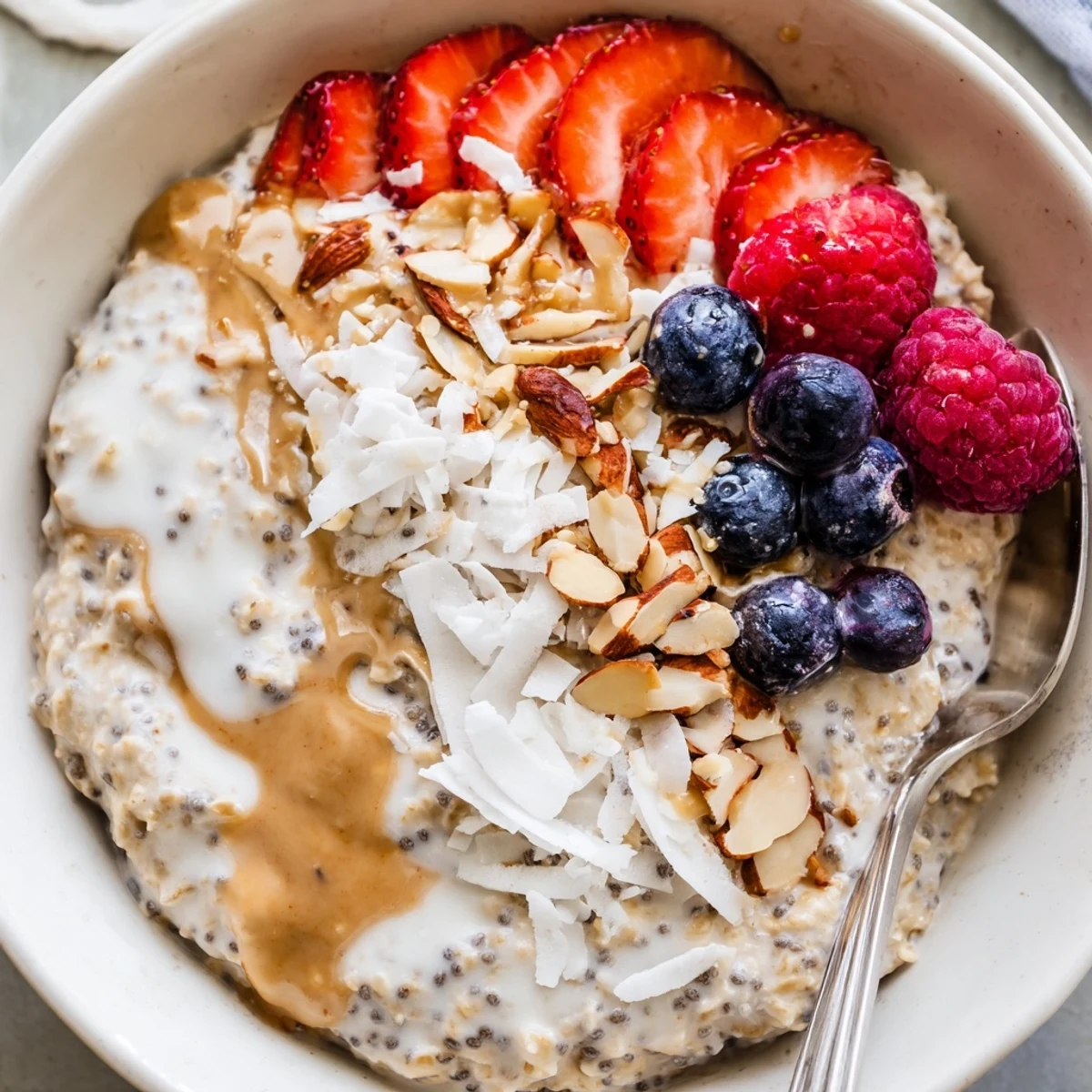 Silky Healthy Coconut Cream Overnight Oats garnished with fresh berries and toasted coconut