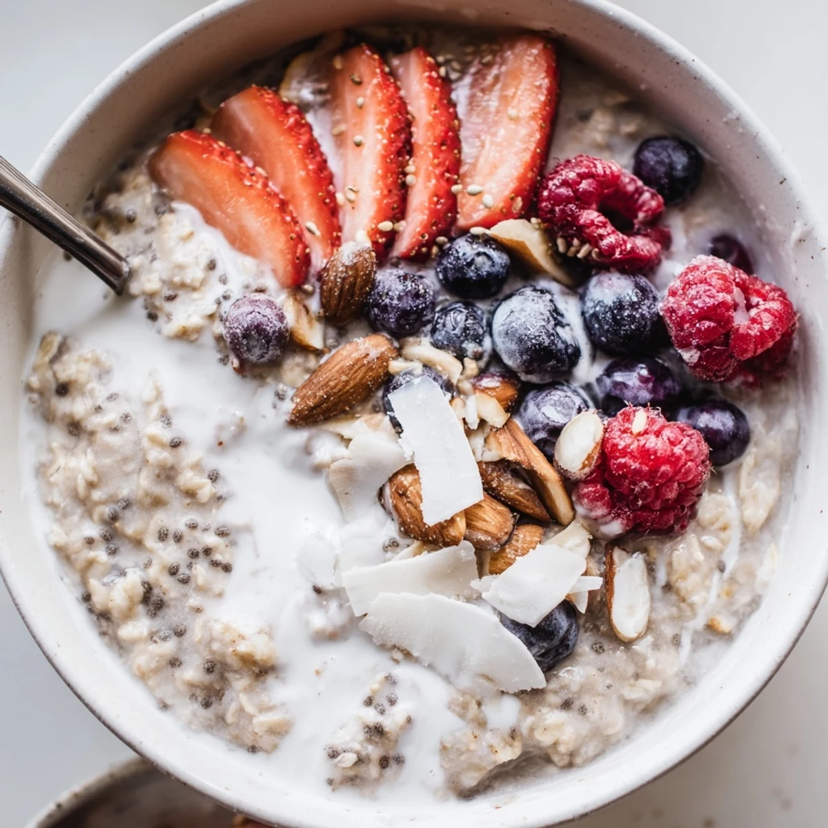 Jar of Healthy Coconut Cream Overnight Oats set in fridge for quick breakfast