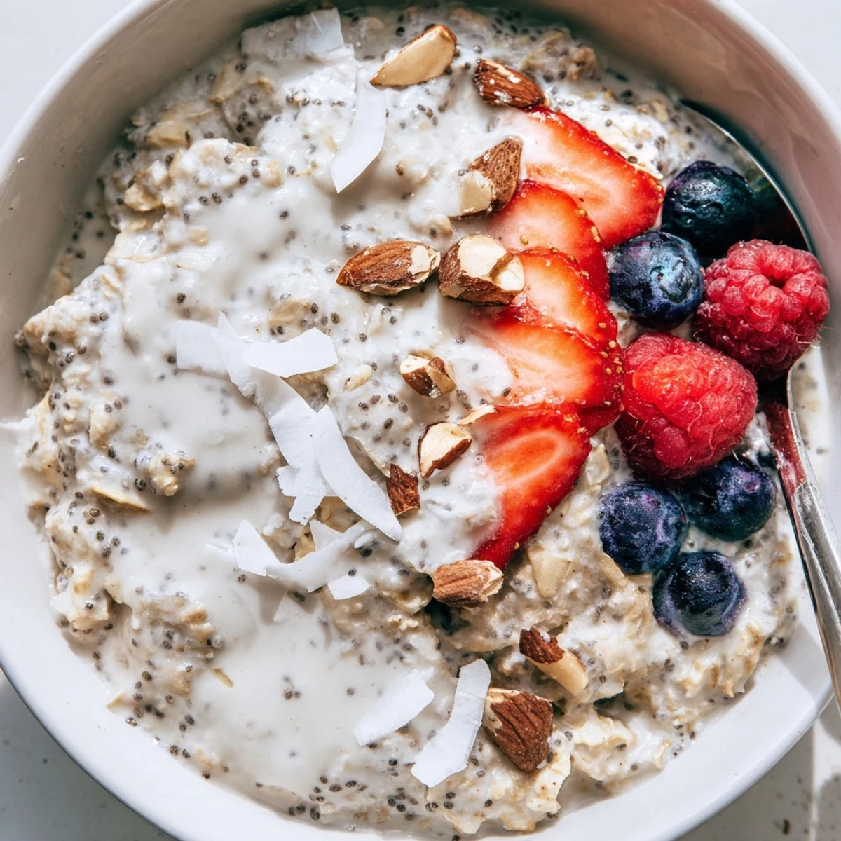 Hearty Healthy Coconut Cream Overnight Oats swirled with extra coconut cream, crunchy nuts