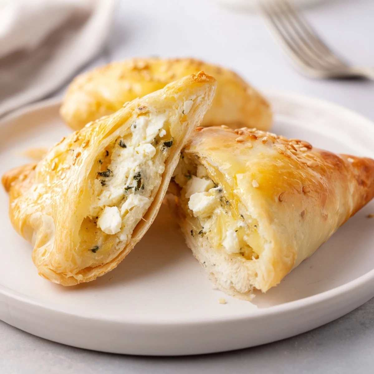 Cheese Fatayer Recipe: golden triangular pastries with melted feta, flaky crust