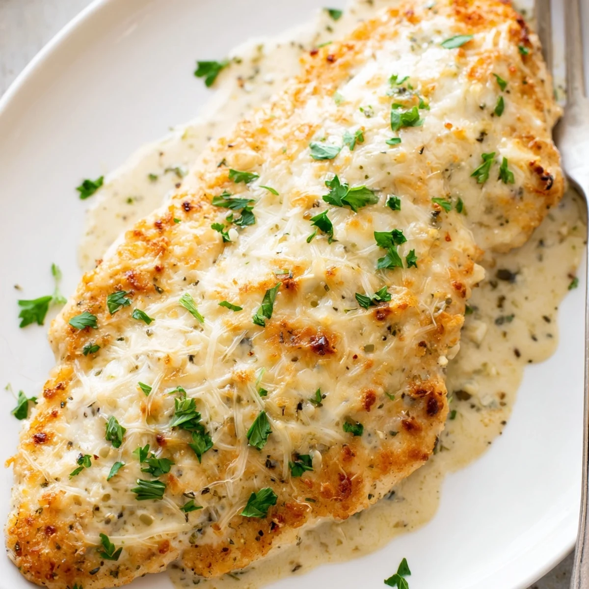 Golden-baked Caesar Chicken Recipe with bubbling parmesan, resting on cutting board