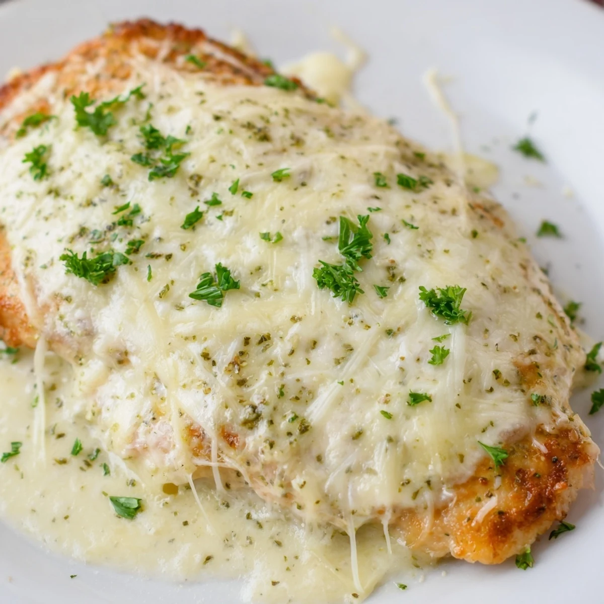 Slice-ready Caesar Chicken Recipe, tender juices visible, garnished with fresh parsley