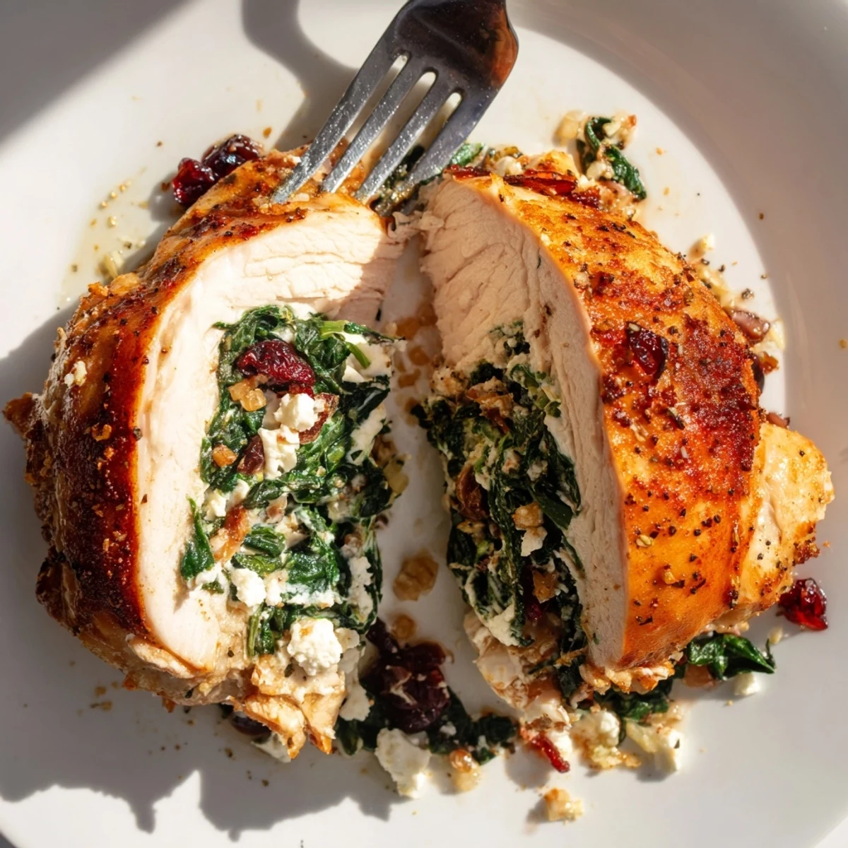 Oven-browned Cranberry Spinach Stuffed Chicken Breasts with creamy filling and tart cranberries