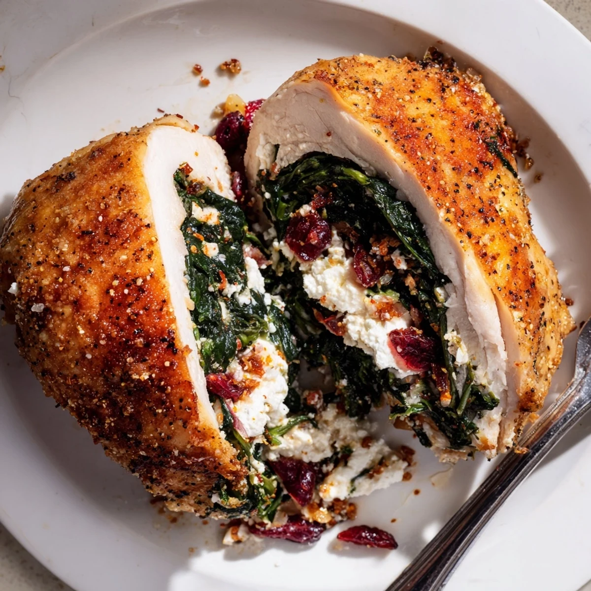 Sliced Cranberry Spinach Stuffed Chicken Breasts plated with roasted vegetables and rosemary