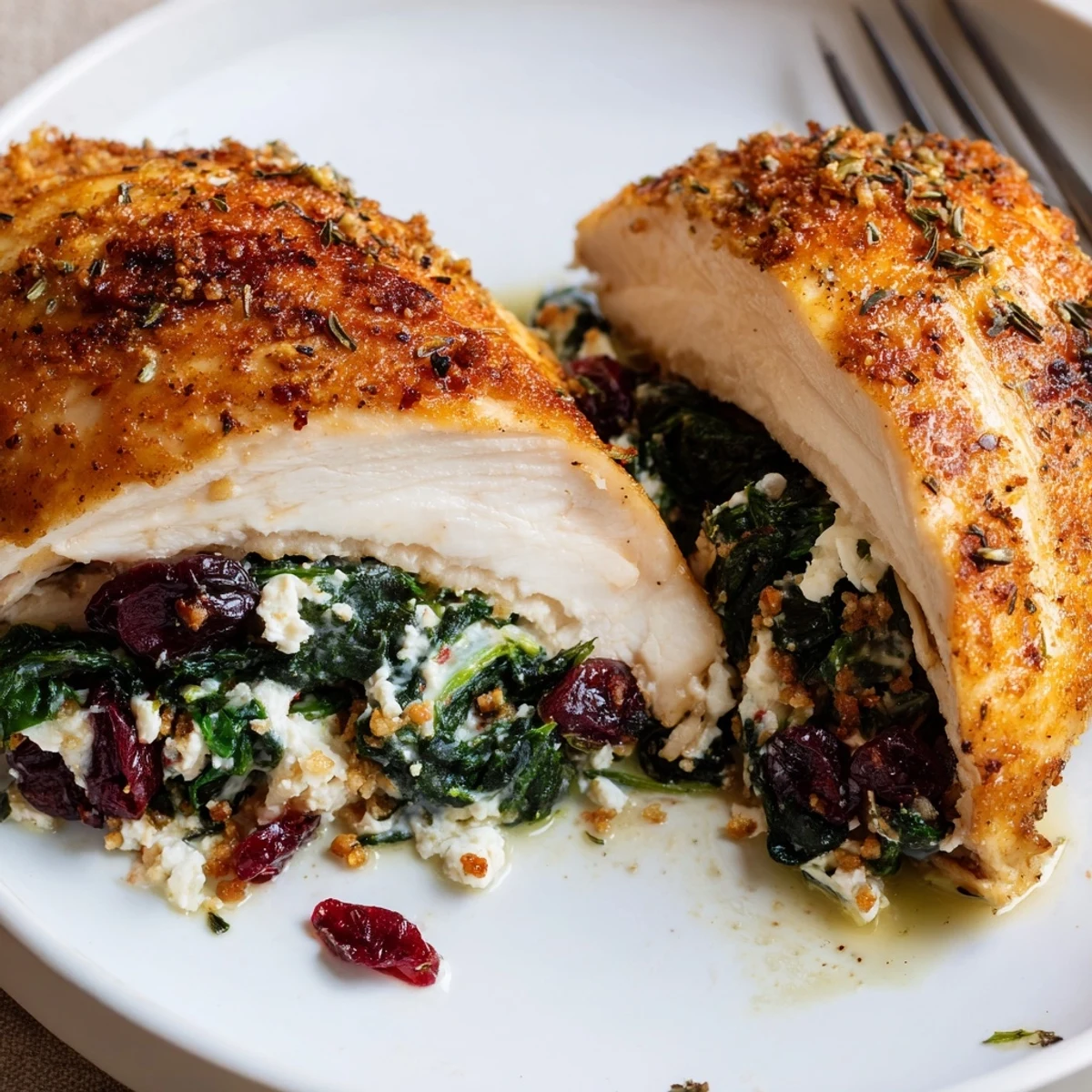Creamy filling and tart cranberries peek from Cranberry Spinach Stuffed Chicken Breasts