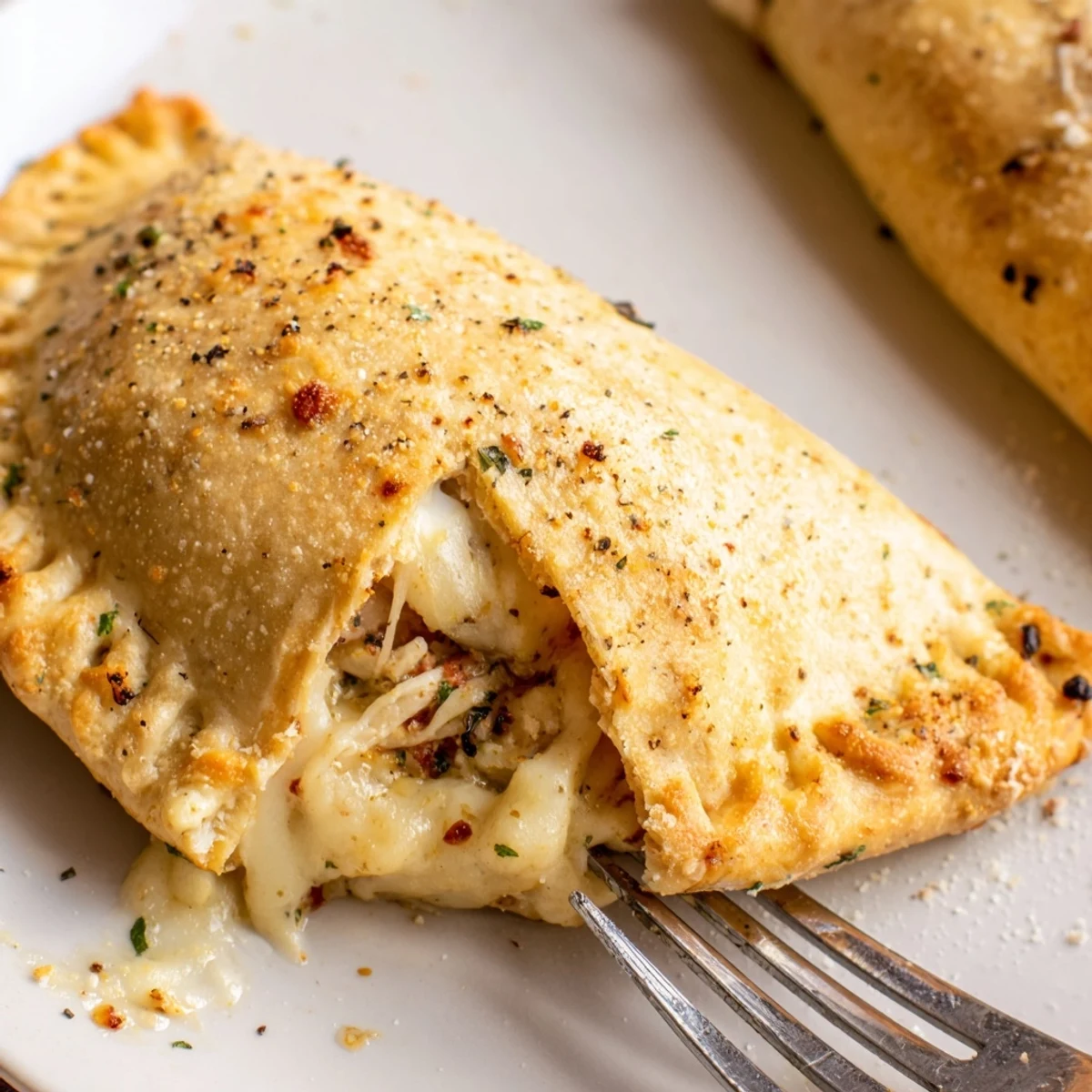 Warm Crispy Cheesy Chicken Alfredo Air Fryer Calzones, tender filling, marinara for dipping