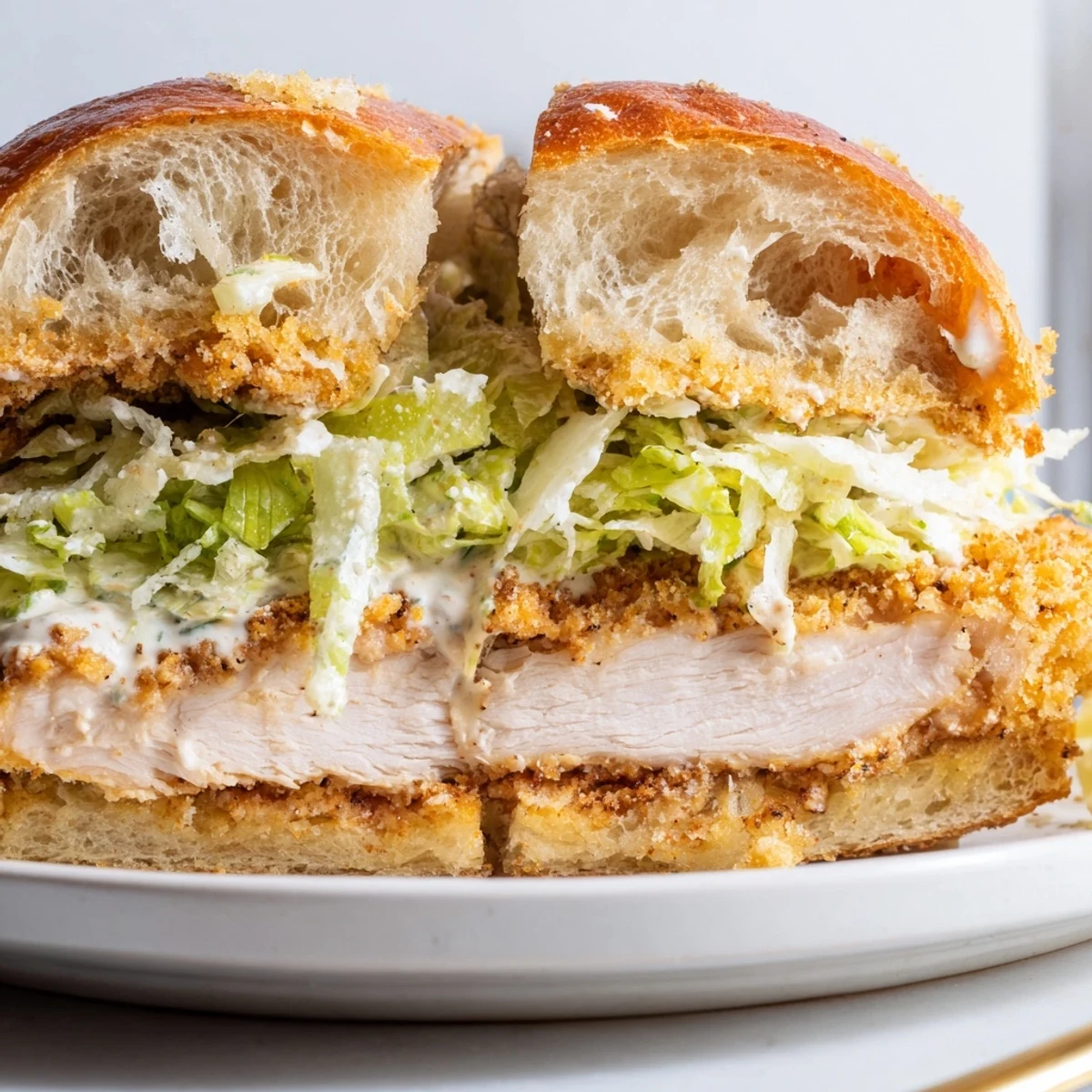 Crispy Chicken Caesar Sandwich with golden fried chicken, crunchy romaine, toasted brioche