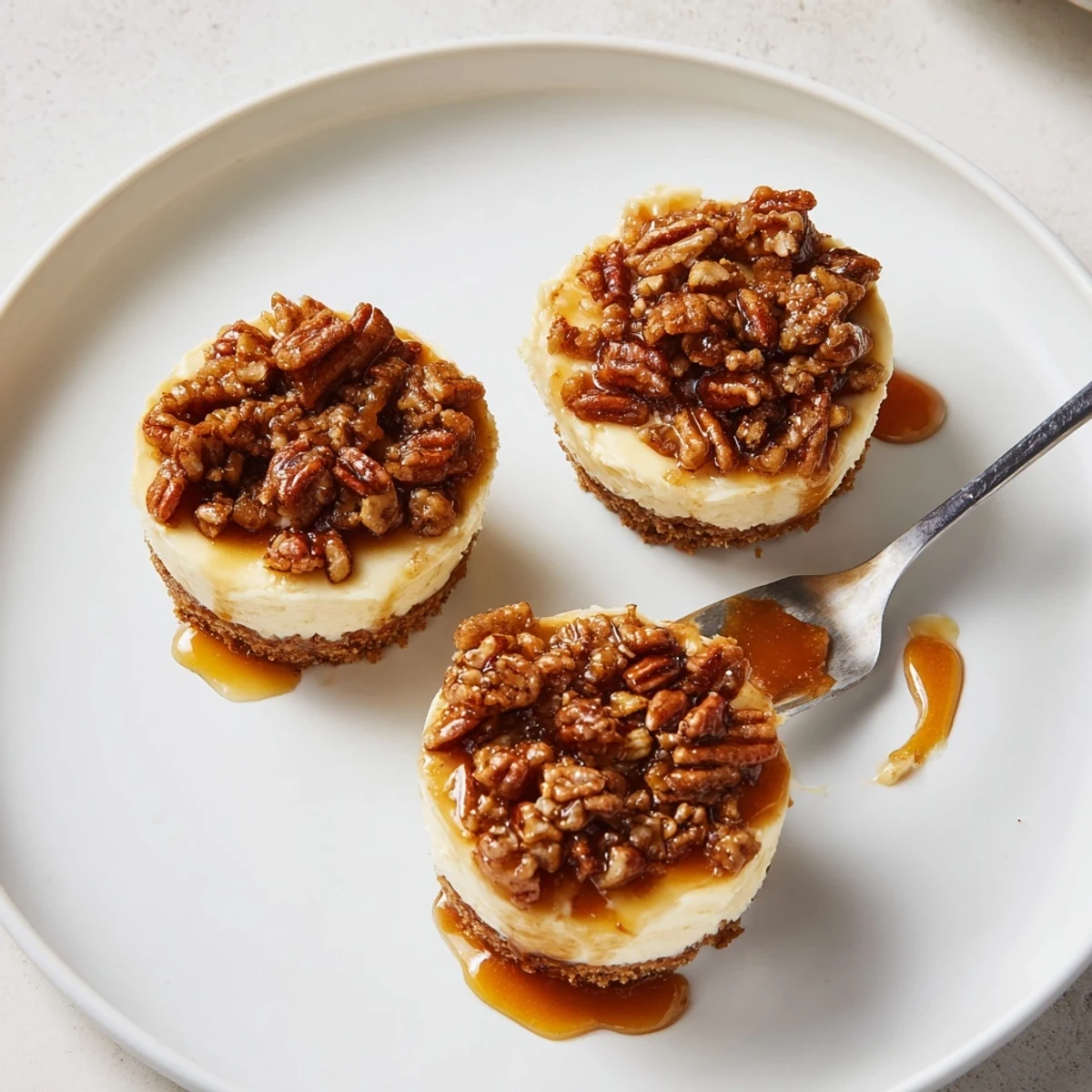 Mini Pecan Pie Cheesecakes with glossy pecan topping and buttery graham crust