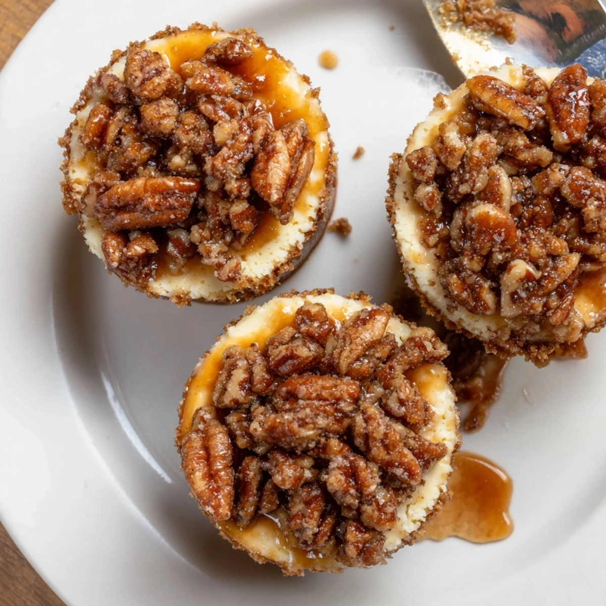 Warm caramel sauce drizzled over chilled Mini Pecan Pie Cheesecakes, nutty crunch
