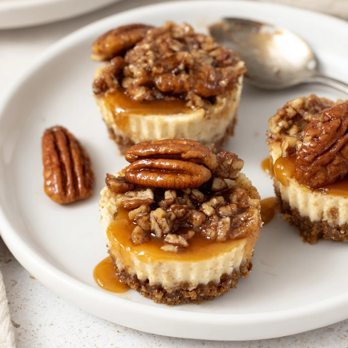 Bite-sized Mini Pecan Pie Cheesecakes topped with toasted pecans and whipped cream