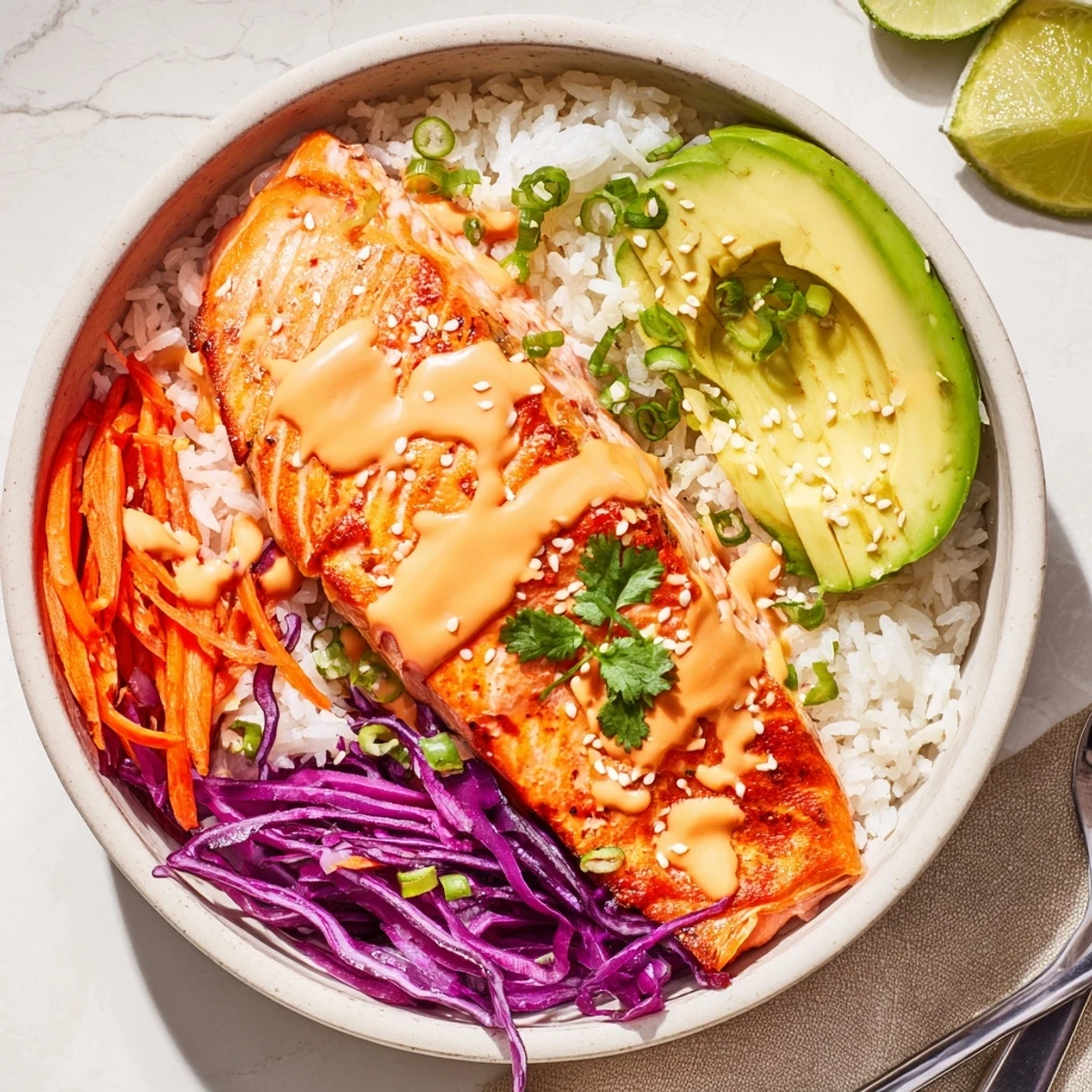 Warm Bang Bang Salmon Bowls Recipe drizzled with creamy spicy sauce, lime.