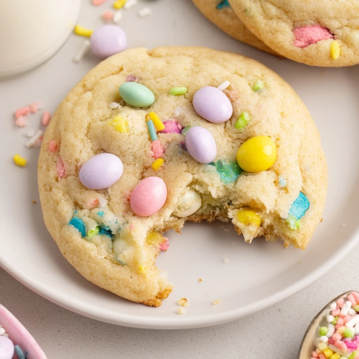 Easter Funfetti Cookies cooling on wire rack, soft centers and pastel sprinkles