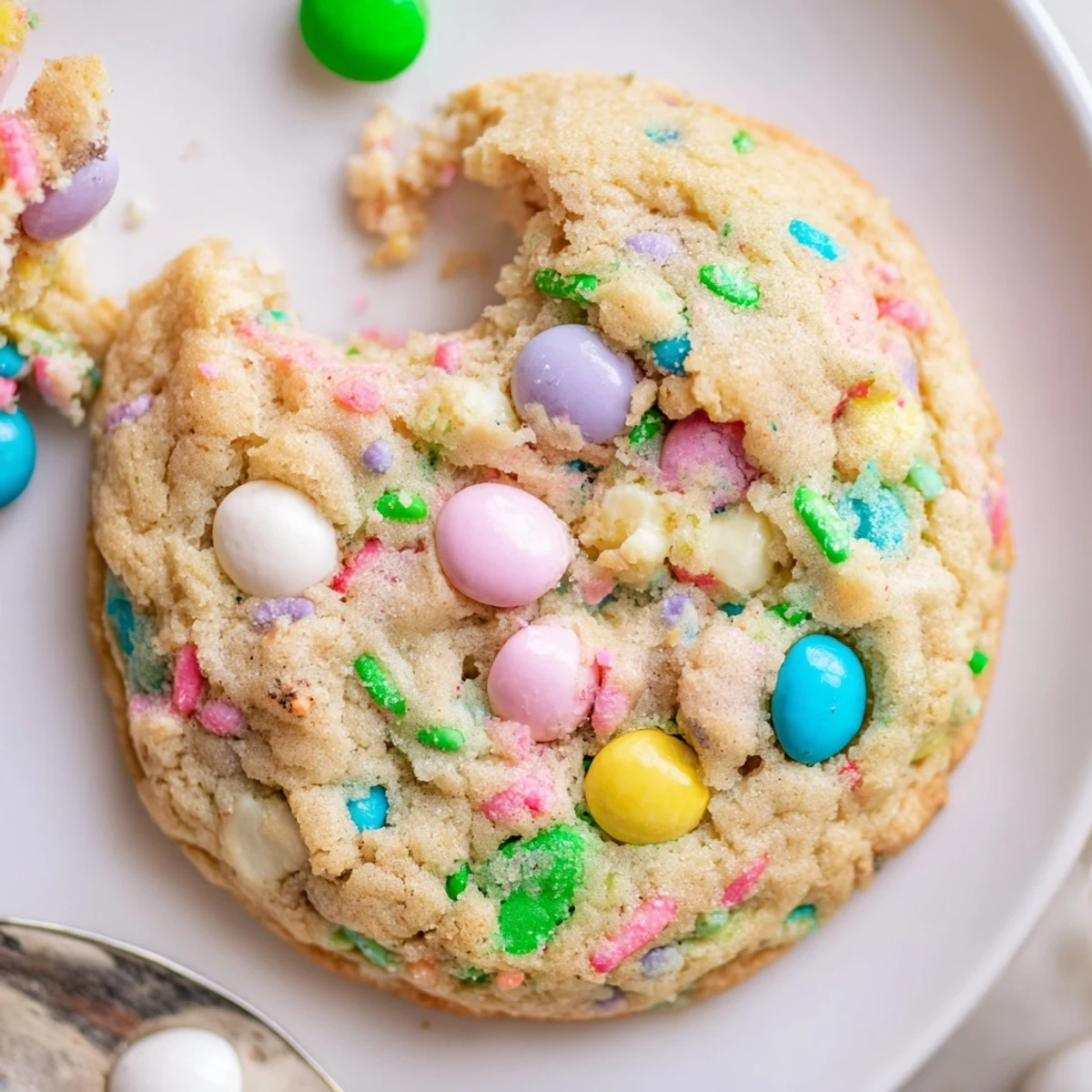 Stack of Easter Funfetti Cookies with soft centers, pastel candies peeking through