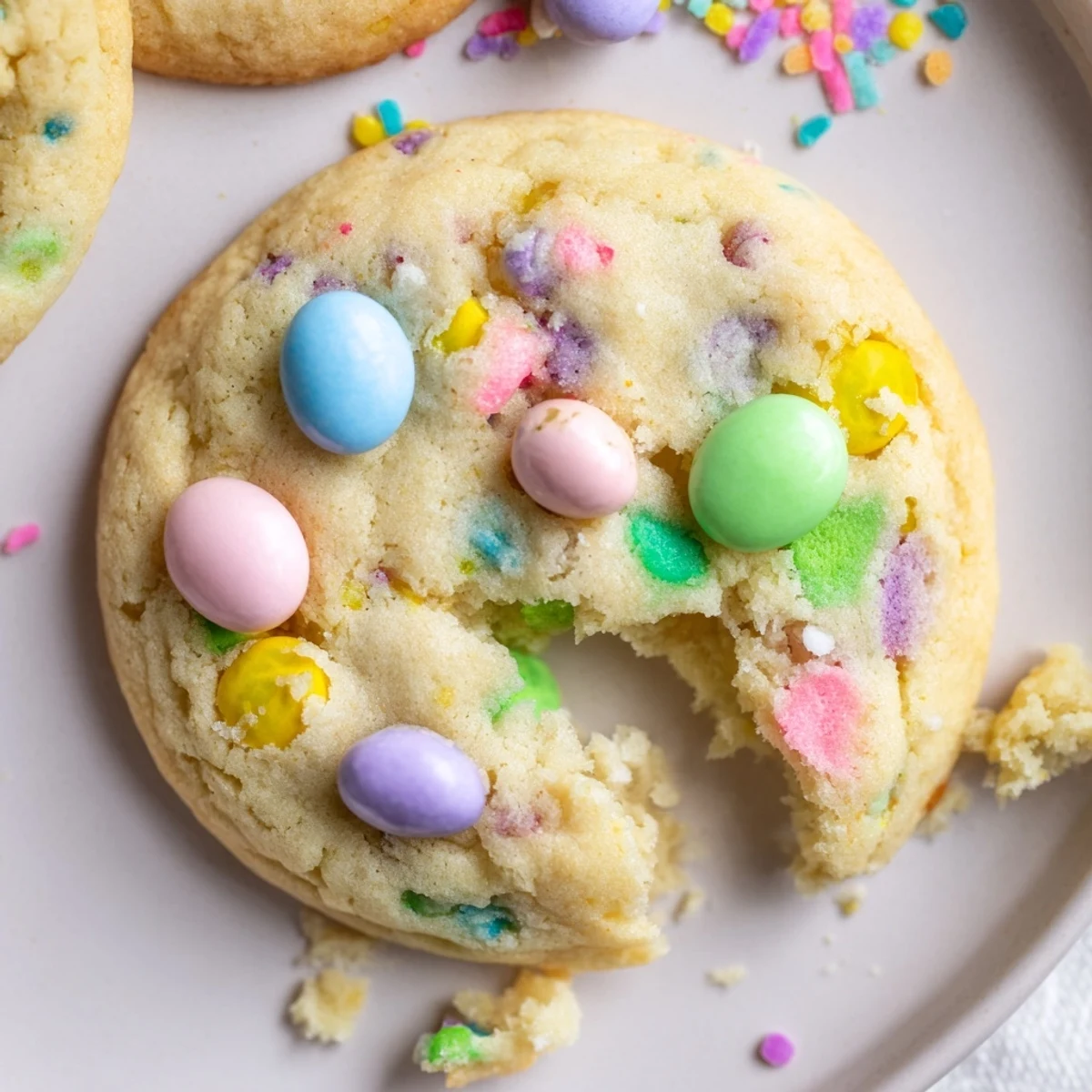 Warm Easter Funfetti Cookies dotted with candy-coated chocolates, served on plate