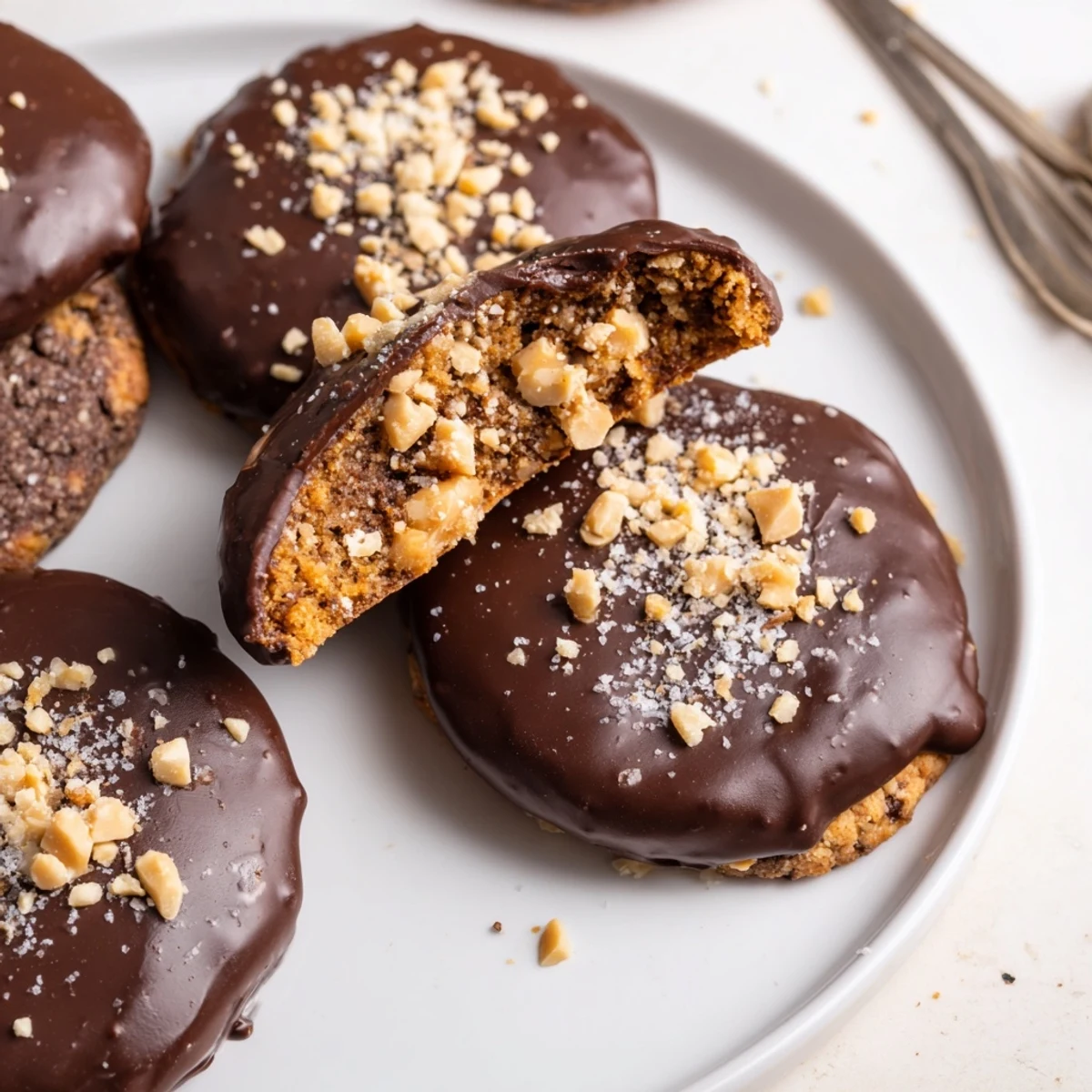 Freshly baked Chocolate Dipped Toffee Cookies steaming beside a chilled glass of milk