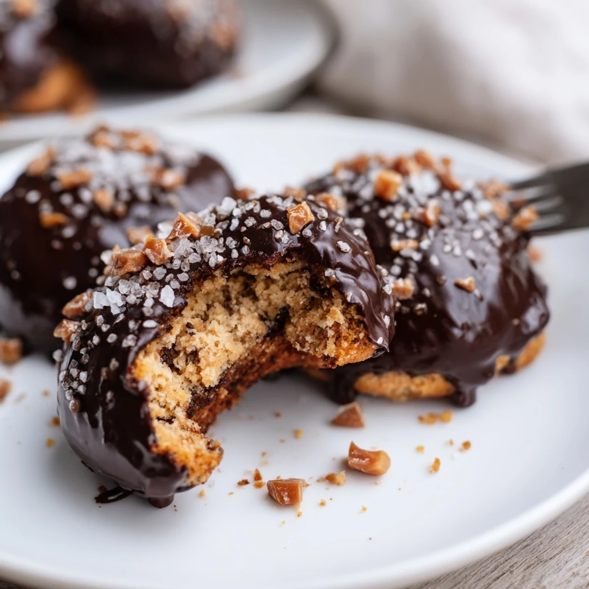 Chocolate Dipped Toffee Cookies arranged on parchment, glossy chocolate and crunchy toffee