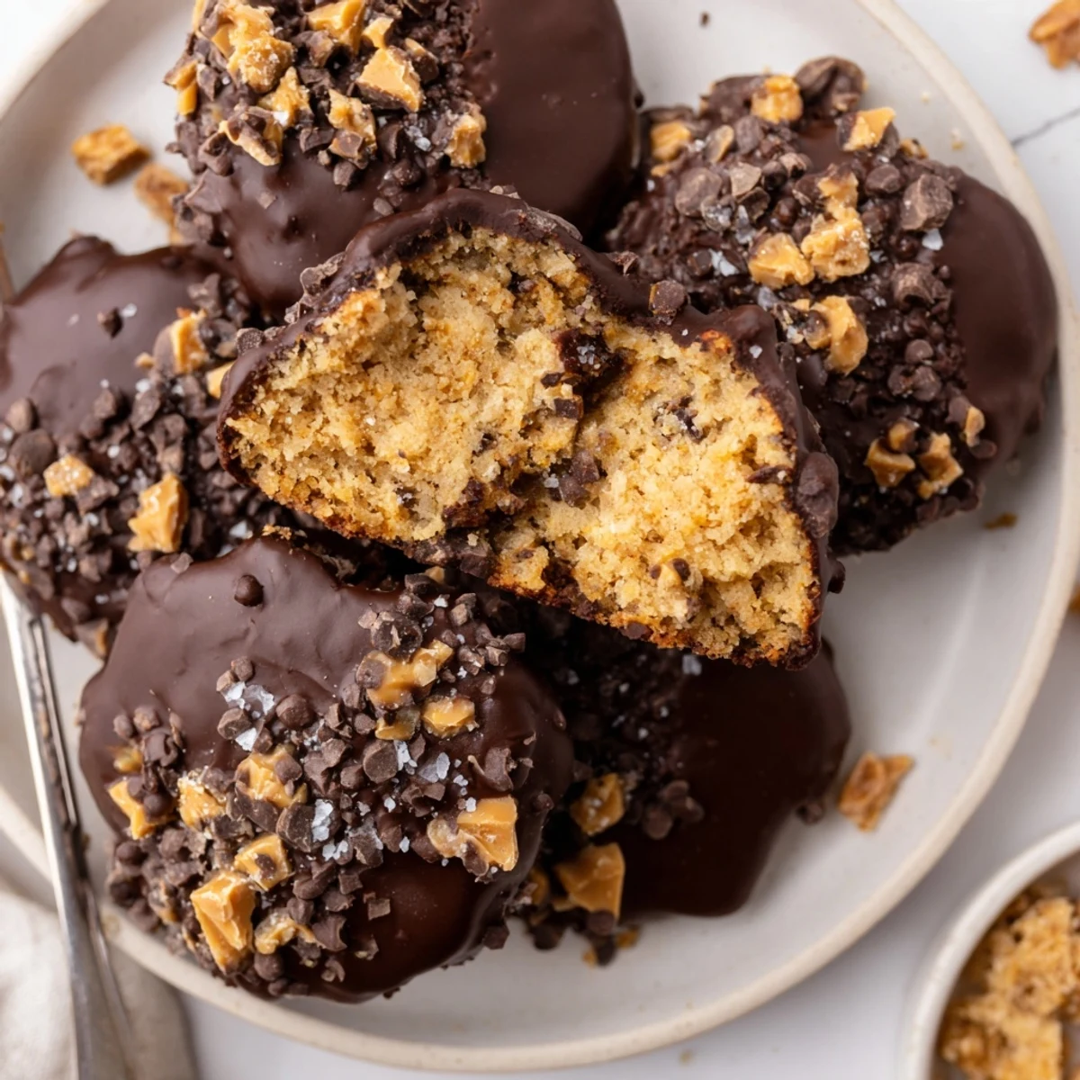 A bite reveals crunchy toffee bits and smooth chocolate in Chocolate Dipped Toffee Cookies