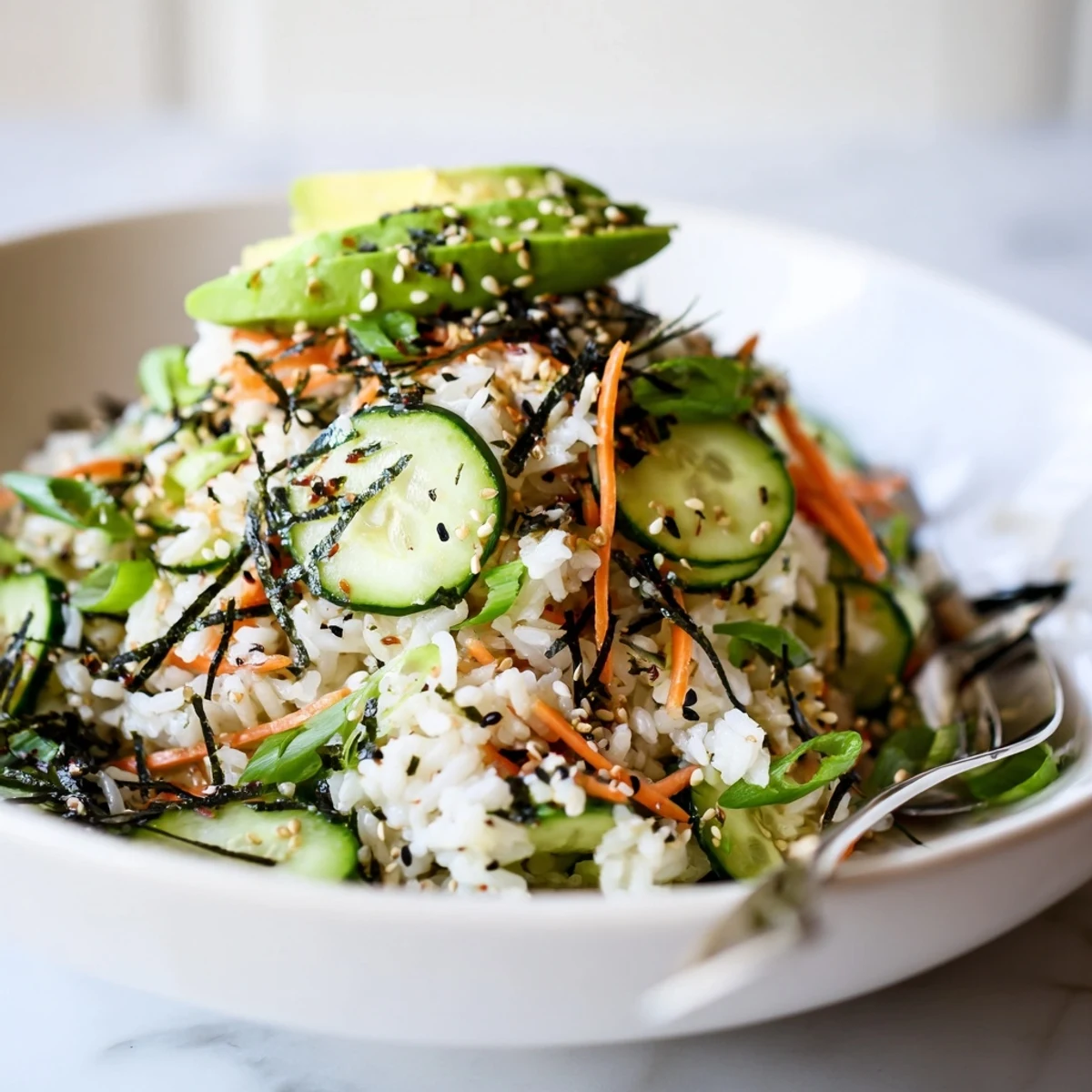 Sushi Cucumber Salad with crisp cucumber slices, seasoned rice, nori strips