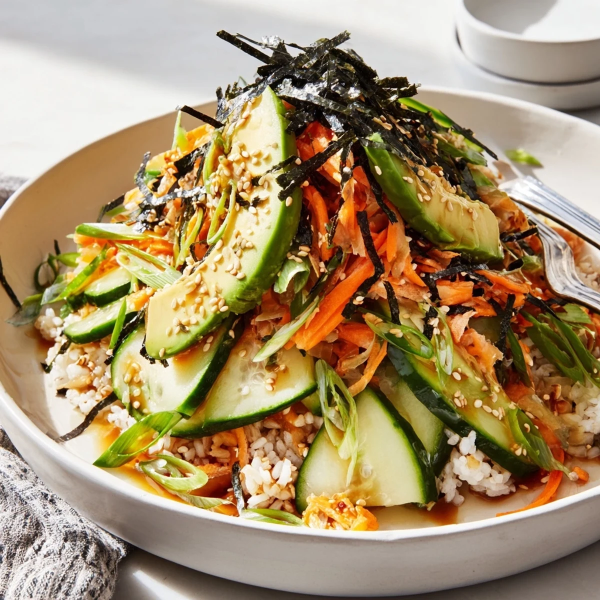 Chilled Sushi Cucumber Salad tossed in tangy-sweet rice vinegar dressing, toasted sesame seeds