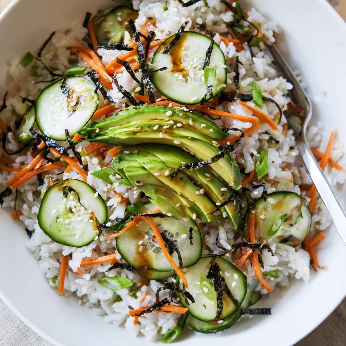 Quick Sushi Cucumber Salad garnished with avocado, pickled ginger, bright textures