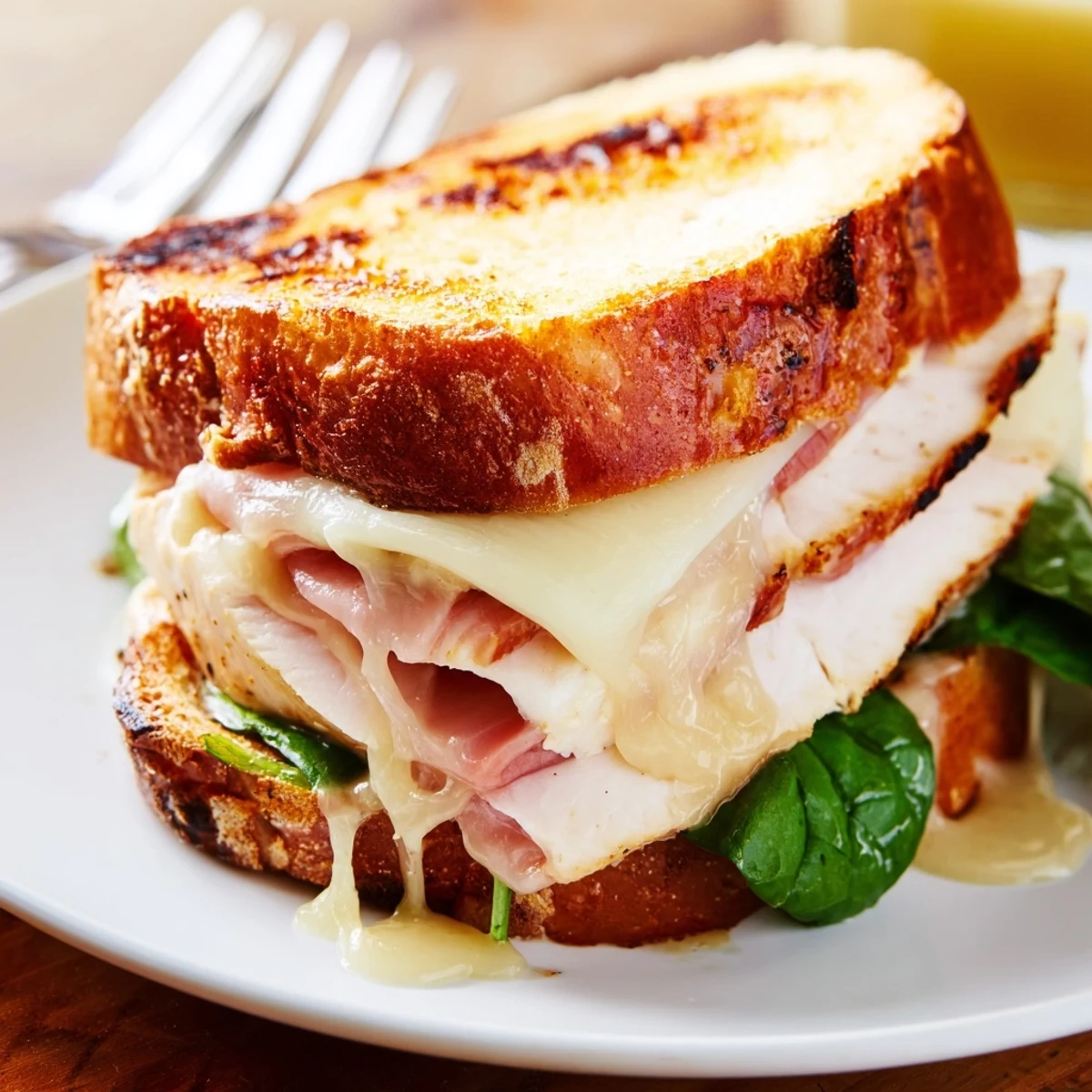 Grilled Chicken Cordon Bleu Sandwich layered with smoky ham and bubbling Swiss