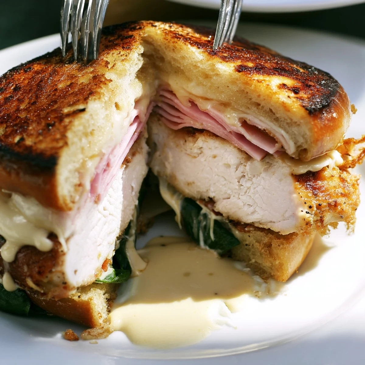 Warm Grilled Chicken Cordon Bleu Sandwich served on toasted brioche with Dijon