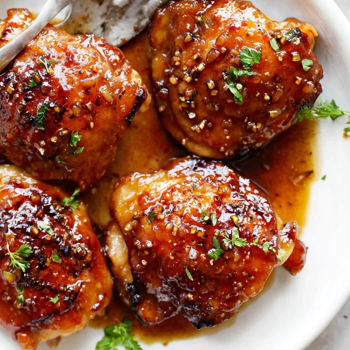 Maple Glazed Chicken Thighs with sticky golden skin, roasted vegetables beside