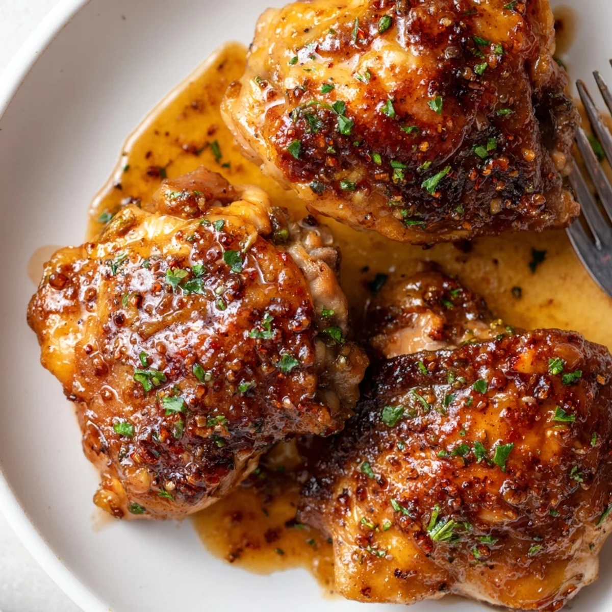 Oven baked Maple Glazed Chicken Thighs, aromatic maple garlic glaze shimmering, parsley