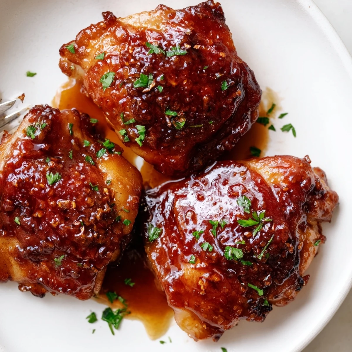 Crispy skinned Maple Glazed Chicken Thighs resting on mashed potatoes, juicy