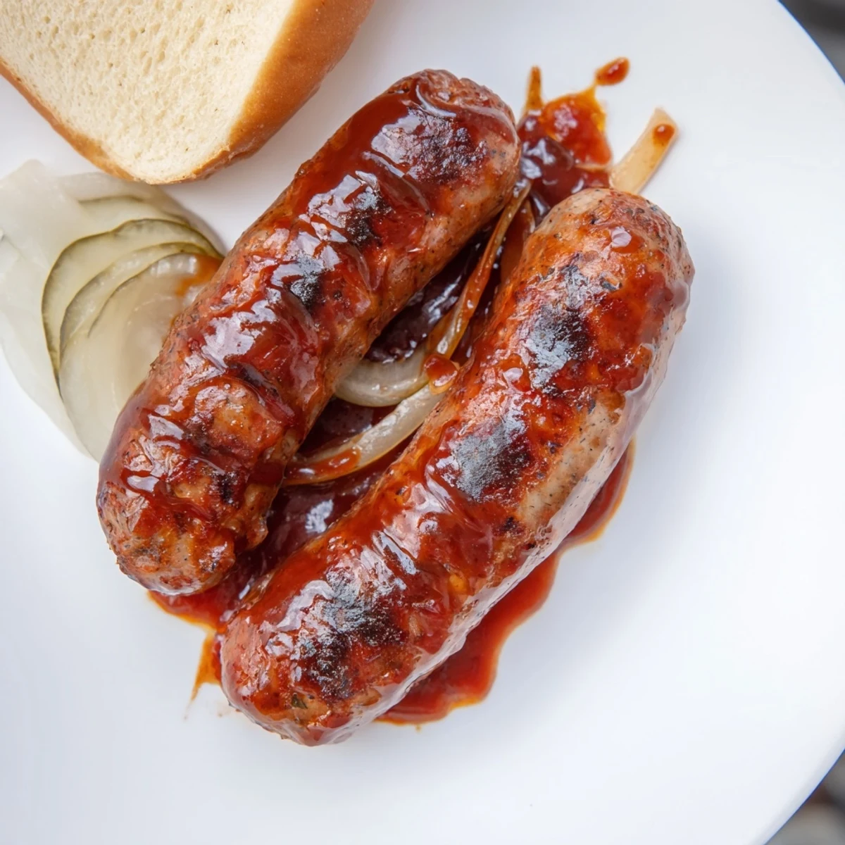Smoky BBQ Sausage Recipe nestled in a toasted bun with crisp pickles.