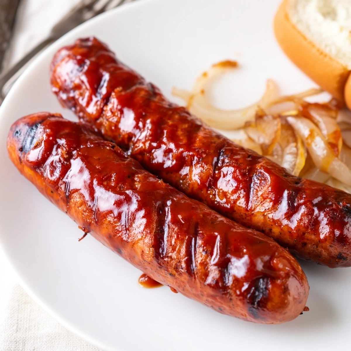 Grilled BBQ Sausage Recipe sizzling on the grate, caramelized sauce glistening.